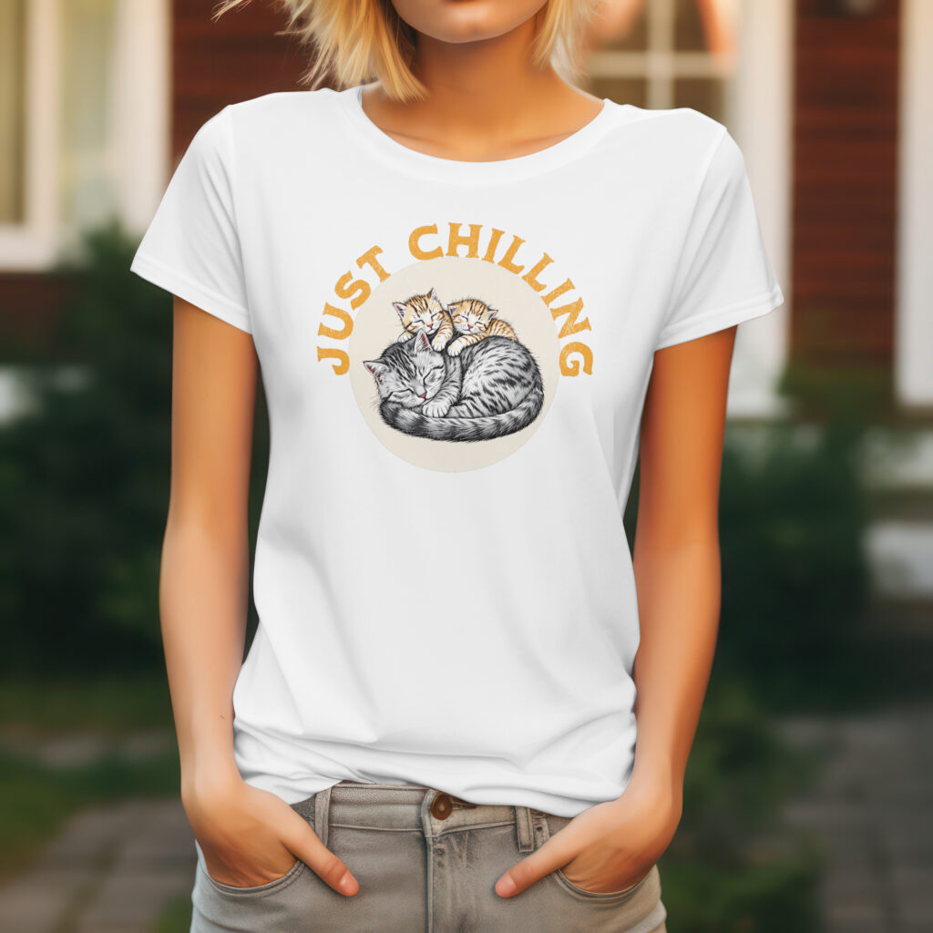 White with a graphic of an adult cat with kittens climbing on her. Text says "Just Chilling".