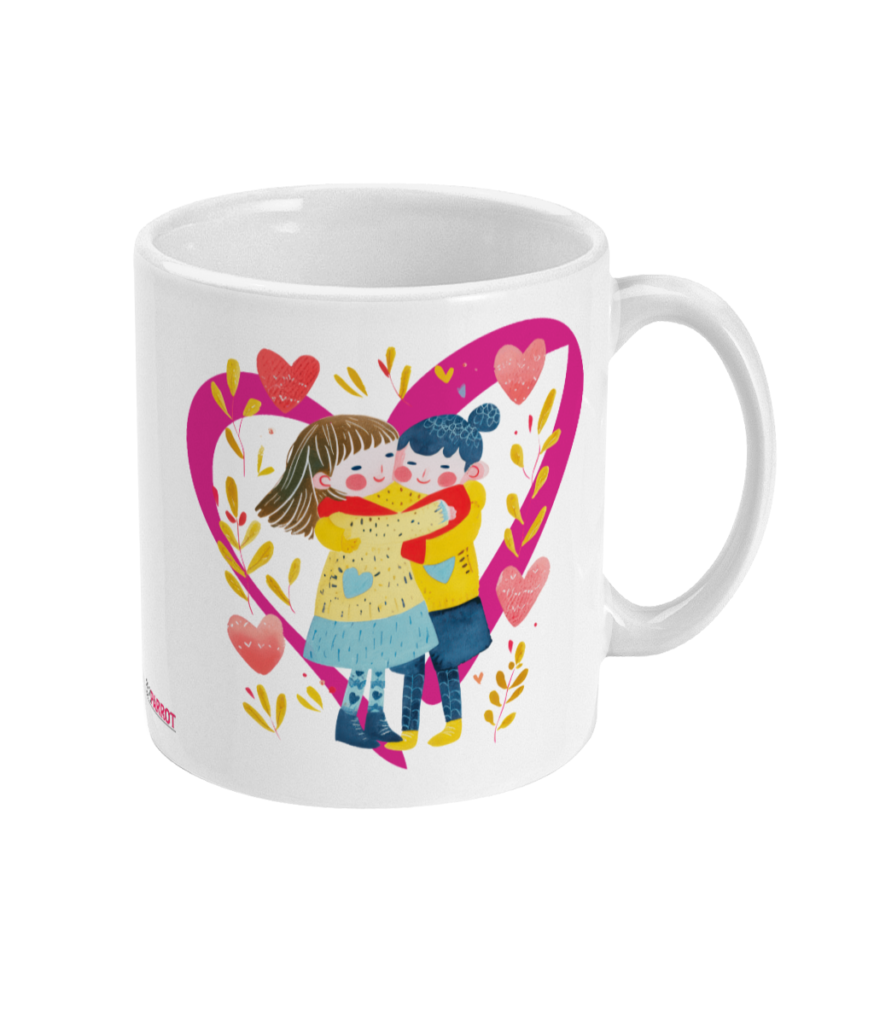 Mug with Pink heart and a graphic of two young women hugging